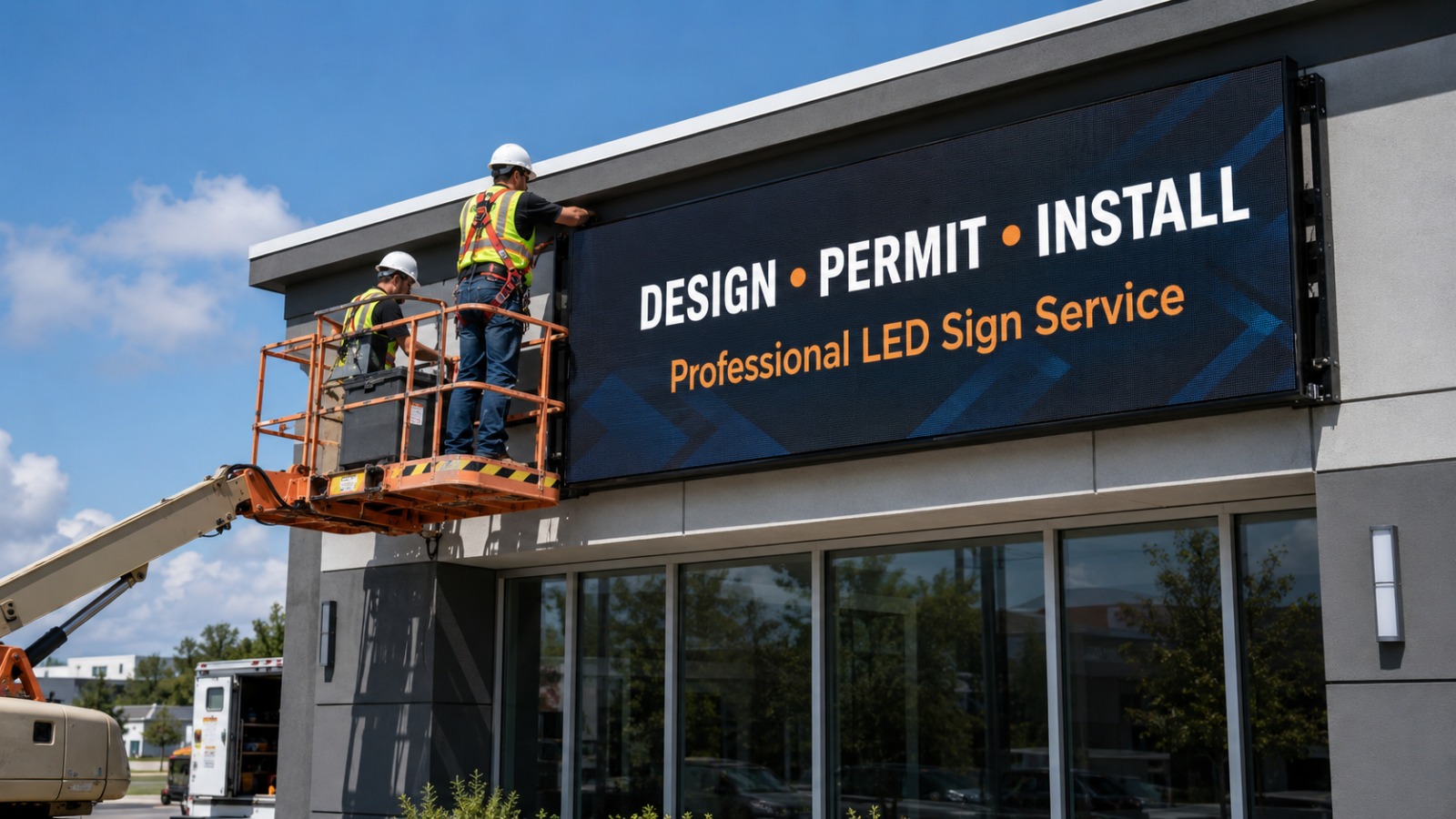 Sign Go crew installing a large full-color LED sign — design, permit, install