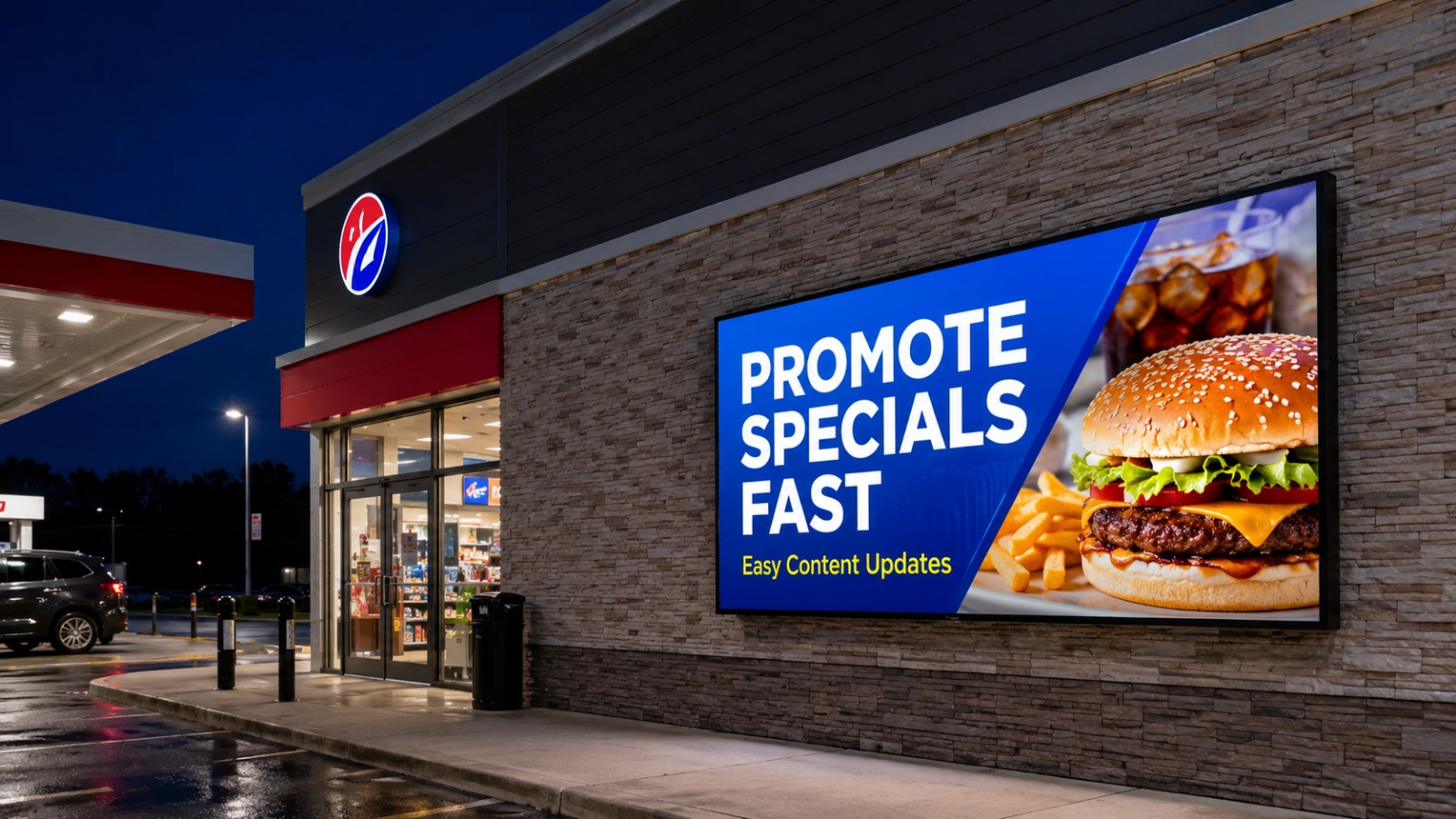 Full-color LED sign promoting specials at a Houston gas station