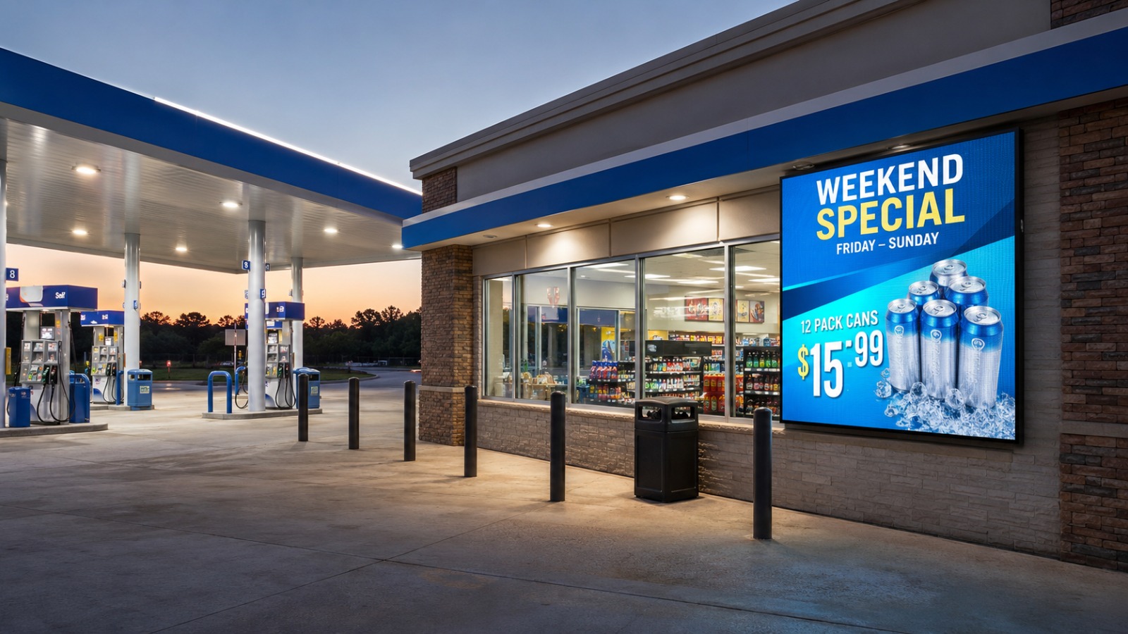 Gas station LED window display promoting a weekend special