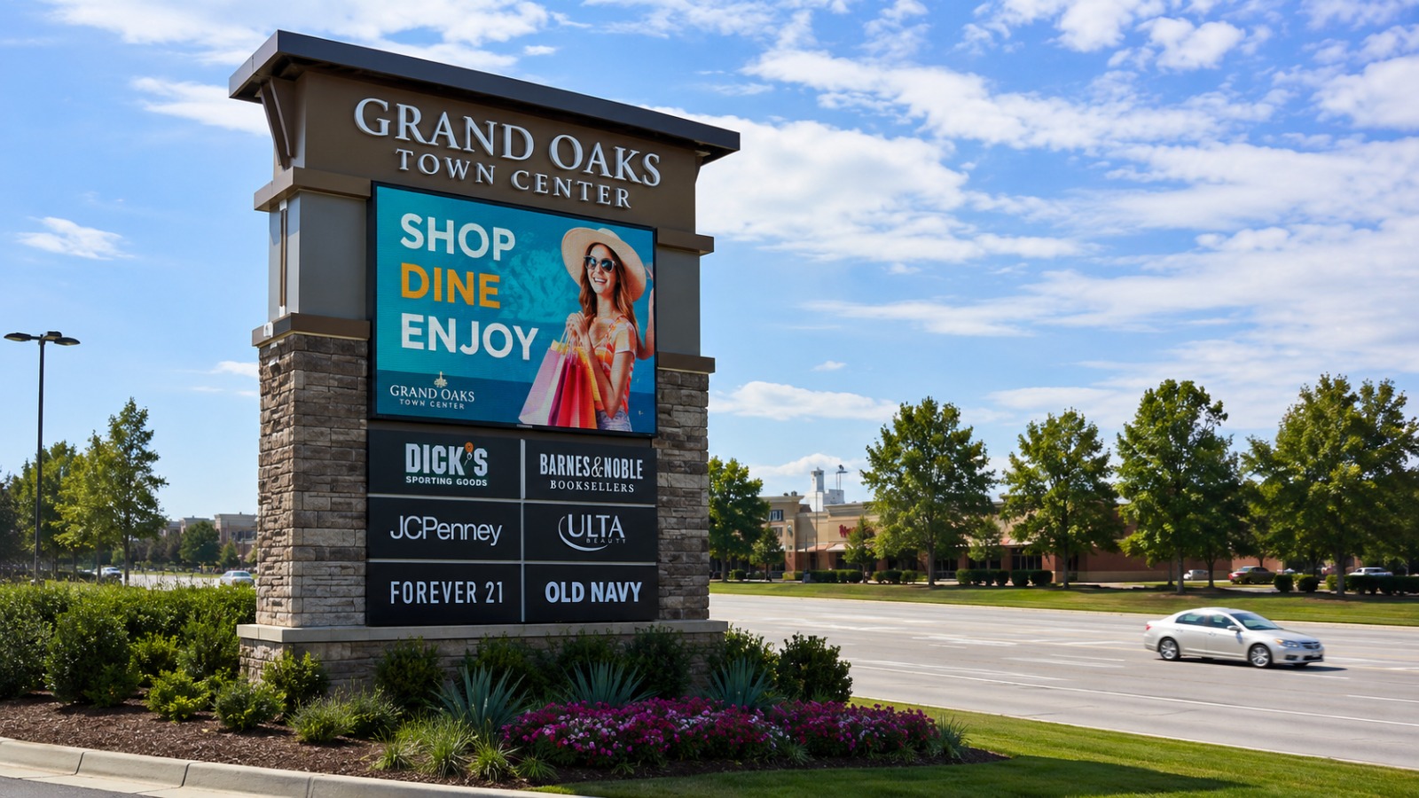 Outdoor LED monument display at a Houston shopping center