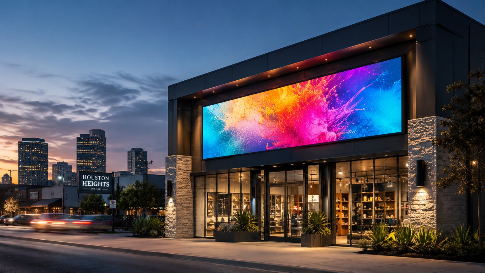 Full-color LED video display on a retail storefront at dusk